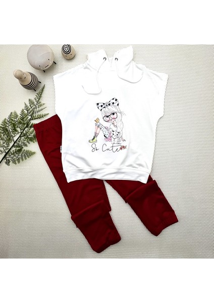 3-4-5 Yaş Kapşonlu Sevimli Kız Baskılı Kısa Kolu 2li Kız Erkek Çocuk Takımı