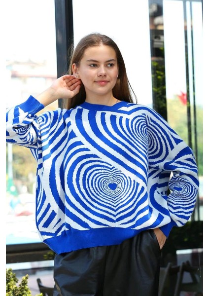 Beyaz Kalp Çizgili Kazak Saks Mavisi fiyatları