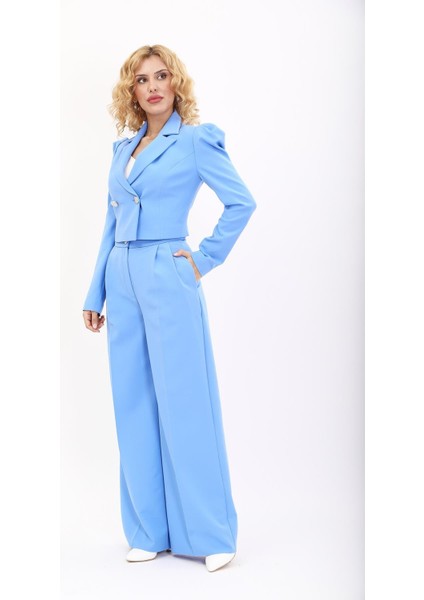 Drape Ceket & Yüksek Bel Bol Paça Pantolon Takım-Gökyüzü