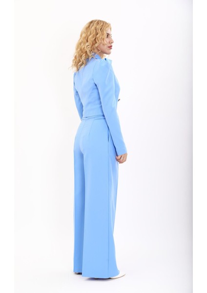 Drape Ceket & Yüksek Bel Bol Paça Pantolon Takım-Gökyüzü modelleri