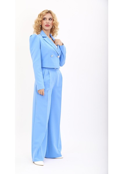 Drape Ceket & Yüksek Bel Bol Paça Pantolon Takım-Gökyüzü fırsatları