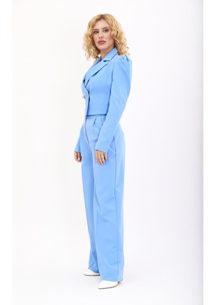 Drape Ceket & Yüksek Bel Bol Paça Pantolon Takım-Gökyüzü indirimleri