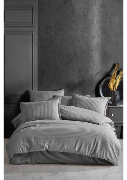Çizgili Saten Nev Takımı Çift Kişilik Gri