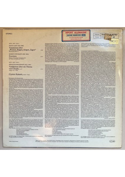 Rachmaninoff Chopin Liszt Bach Schumann Beethoven Cyprien Katsaris Variations Lp Plak (Orijinal 1982 Dönem Alman Baskı Plak) fiyatları