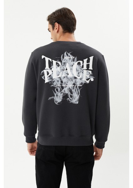 Esw 2757-D Black Sırt Baskılı Bisiklet Yaka Şardonlu Erkek Kalın Sweat Siyah