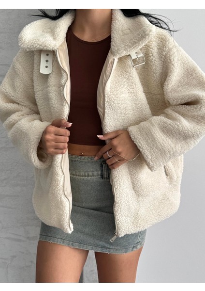 Oval Cepli Bej Peluş Ceket