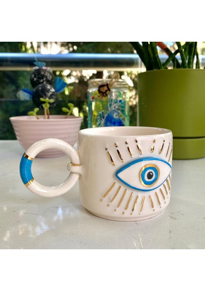 El Yapımı Seramik Gerçek 24K Altın Dekorlu Turkuaz Göz Kupa