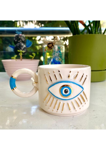 El Yapımı Seramik Gerçek 24K Altın Dekorlu Turkuaz Göz Kupa fiyatları