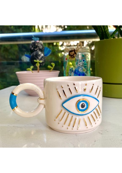 El Yapımı Seramik Gerçek 24K Altın Dekorlu Turkuaz Göz Kupa modelleri