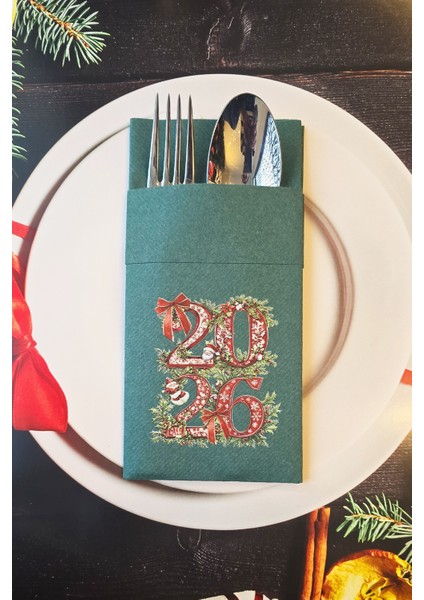 Kumaş Dokulu Yeşil 2026 Yazılı Yılbaşı Çiçekleri Tasarım Cepli Yılbaşı Peçetesi 6lı Paket