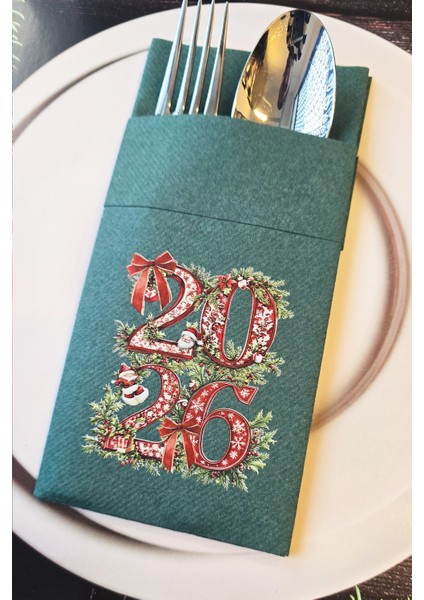 Kumaş Dokulu Yeşil 2026 Yazılı Yılbaşı Çiçekleri Tasarım Cepli Yılbaşı Peçetesi 6lı Paket fiyatları