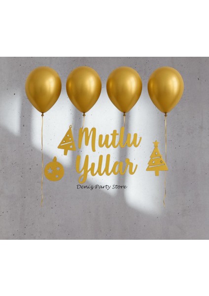 4 Adet Metalik Gold Balon Yılbaşı Mutlu Yıllar Kaligrafi Yazı Set