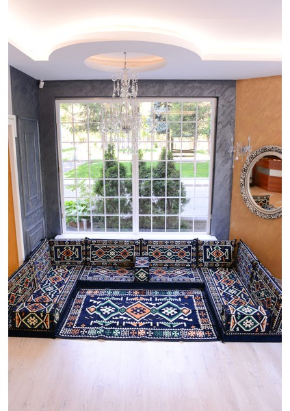 Şark Köşesi Takımı Konsepti Lacivert Anadolu Modeli Koltuk Takımı Sünger Dahil (15 Parça)