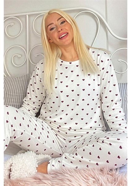 Beyaz Altus Desenli Uzun Kollu Waffle Örme Kadın Pijama Takımı