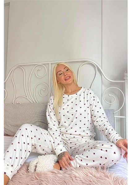 Beyaz Altus Desenli Uzun Kollu Waffle Örme Kadın Pijama Takımı modelleri