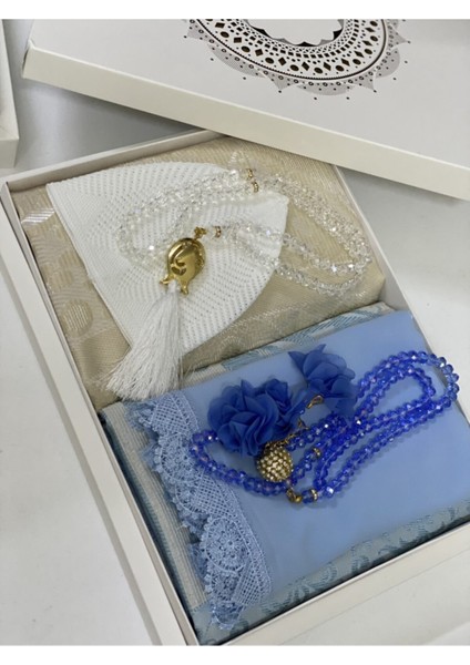 Bebek Mavisi-Beyaz Damat Bohçası, Gelin Bohçası, Seccade Seti, Nişan Seccade Takımı