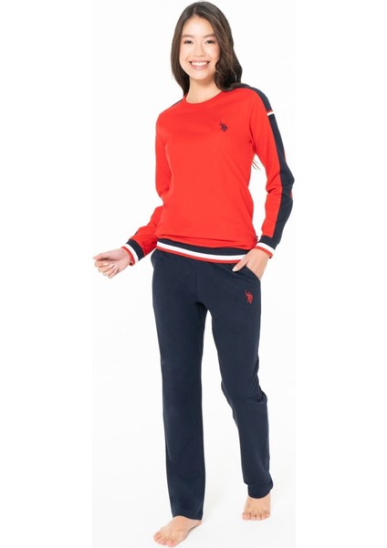 20116B Kadın Kırmızı Yuvarlak Yaka Uzun Kollu Pijama Takımı