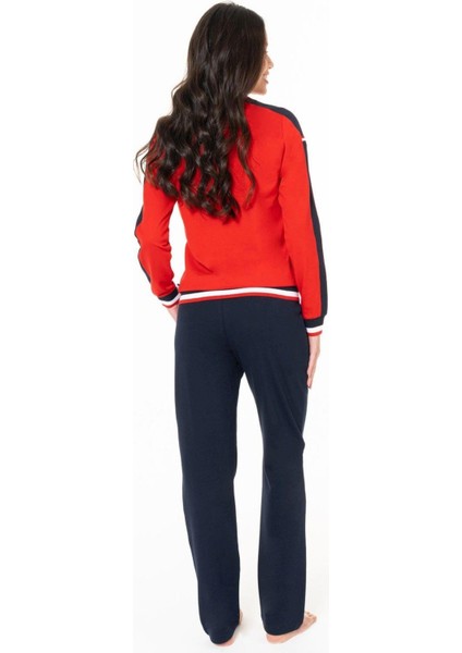 20116B Kadın Kırmızı Yuvarlak Yaka Uzun Kollu Pijama Takımı modelleri