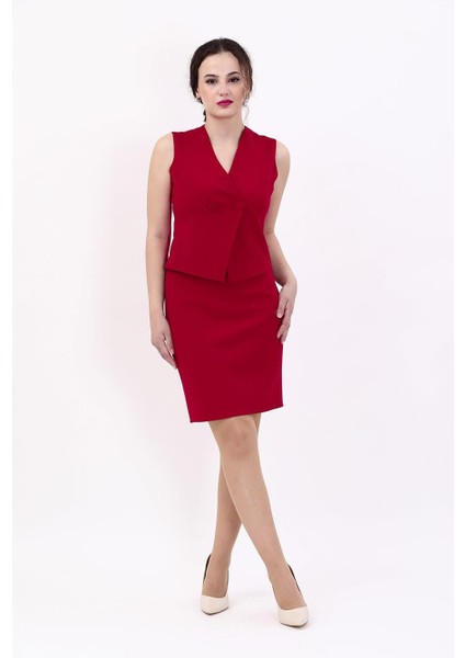 Kruvaze Çapraz Yelek & Yırtmaçlı Düz Dar Etek-Kırmızı fiyatları
