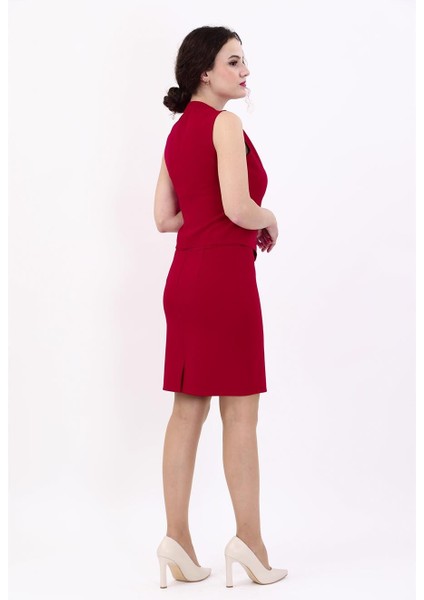 Kruvaze Çapraz Yelek & Yırtmaçlı Düz Dar Etek-Kırmızı modelleri