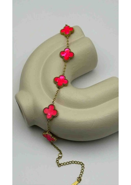 316L Çelik Gold Kenarlı Fosforlu Pembe Hologramlı Çelik Bileklik