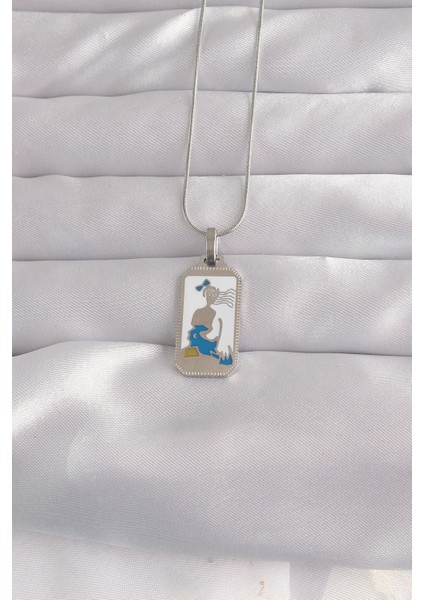 316L Çelik Gümüş Renk Beyaz Mineli Kız Figür Tarot Kolye modelleri