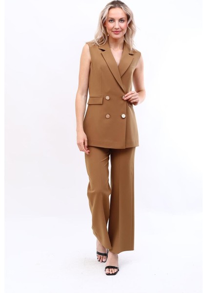 Blazer Yelek & Bol Paça Pantolon-Camel