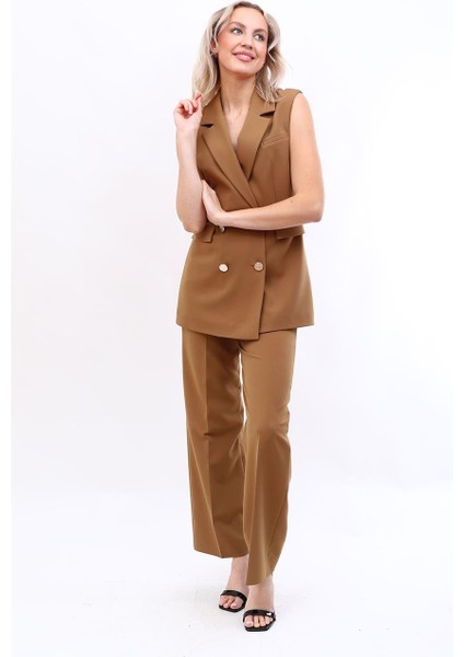 Blazer Yelek & Bol Paça Pantolon-Camel modelleri