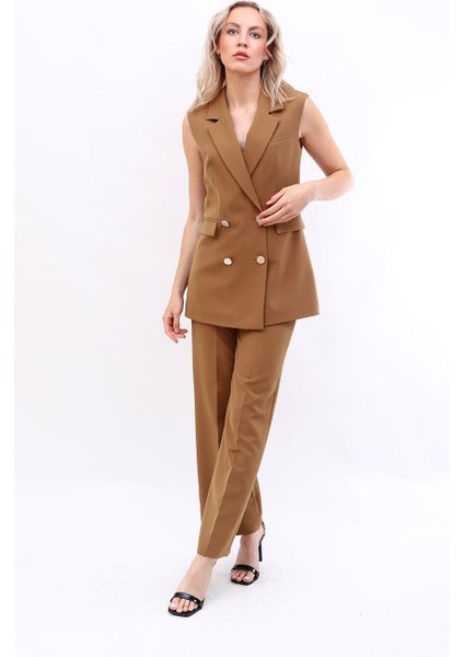 Blazer Yelek & Bol Paça Pantolon-Camel fırsatları