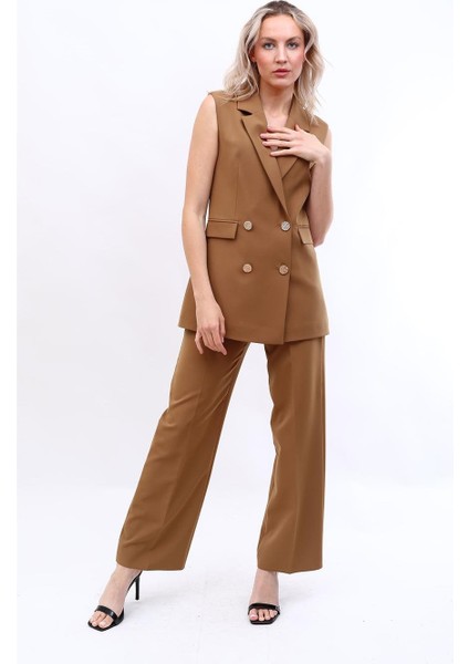 Blazer Yelek & Bol Paça Pantolon-Camel indirimleri