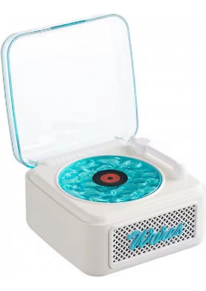Nostalji Mini Plak Görünümlü Radyolu Bluetooth Hoparlör 3D Ses Dalgası Retro Müzik Plak Beyaz