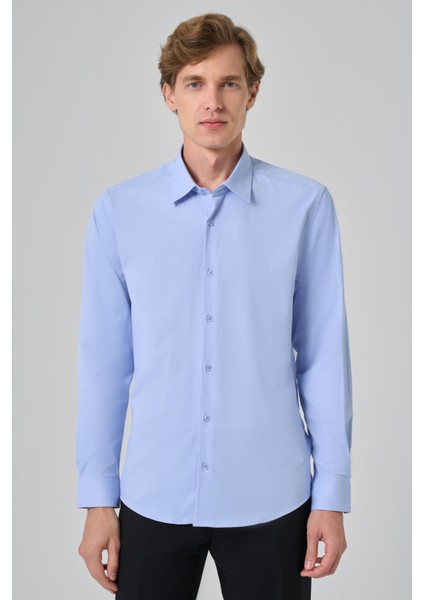 Erkek A. Mavi Slim Fit Sert Yaka Gömlek