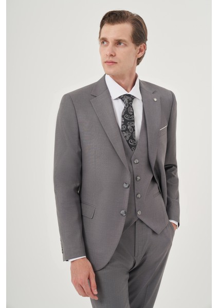 Erkek Gri Poliviskon Slim Fit Mono Yaka Yelekli Takım Elbise