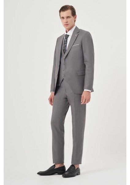 Erkek Gri Poliviskon Slim Fit Mono Yaka Yelekli Takım Elbise modelleri