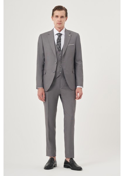 Erkek Gri Poliviskon Slim Fit Mono Yaka Yelekli Takım Elbise fırsatları