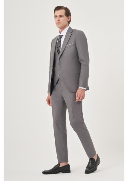 Erkek Gri Poliviskon Slim Fit Mono Yaka Yelekli Takım Elbise indirimleri