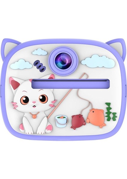 Kedi Temalı Anında Baskılı Çocuk Kamerası Print Kamera | Çift Kamera, 2,0″ Ekran, Silikon Kılıf