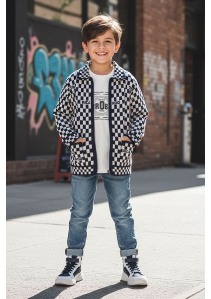 Damalı Triko Hırkalı Erkek Çocuk 3 lü takım - Lacivert