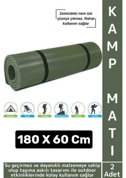 Dayanıklı Kamp Outdoor Yoga Pilates Su Geçirmez 12 mm Kalın Köpük 180 x 60 cm Askeri Haki Mat 2 Adet