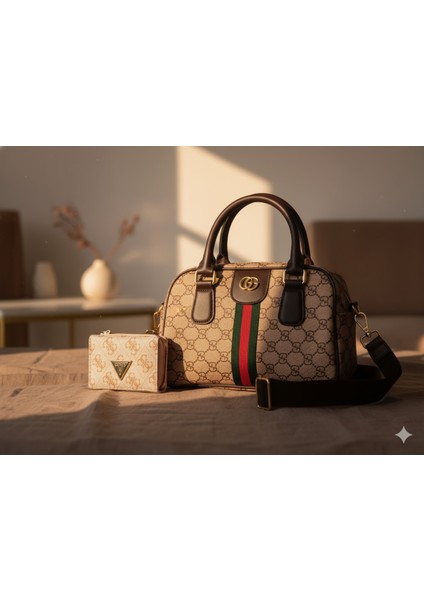 Bej Monogram Çanta & Cüzdan Set fırsatları