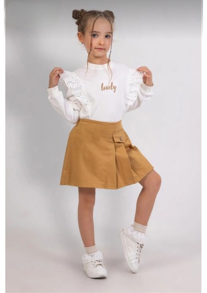 Kız Çocuk Dantel Nakış Süsleme Sweat Bluz Lastikli Bel Dokuma Gabardin Şort Etek Takım