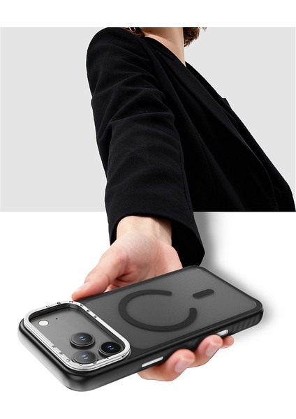 iPhone 17 Pro Uyumlu Kılıf M-Safe Şarj Özellikli Metal Kamera Standlı Lenyes CK226 Pc Kapak Siyah modelleri