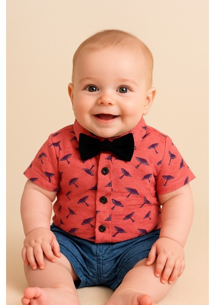 Erkek Bebek Nefes Alan Cilt Dostu Esnek Papyon Detaylı Gömlek Şort Takım - Küçük Beylere Özel fırsatları