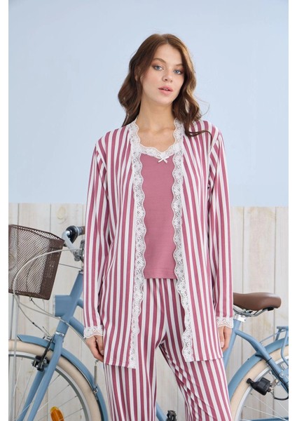 Kadın Ipekli Kumaş Sabahlıklı 3’lü Şık Pijama Takımı - Gül Kurusu