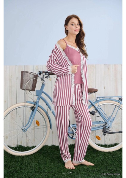 Kadın Ipekli Kumaş Sabahlıklı 3’lü Şık Pijama Takımı - Gül Kurusu fiyatları