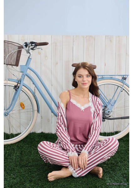 Kadın Ipekli Kumaş Sabahlıklı 3’lü Şık Pijama Takımı - Gül Kurusu modelleri