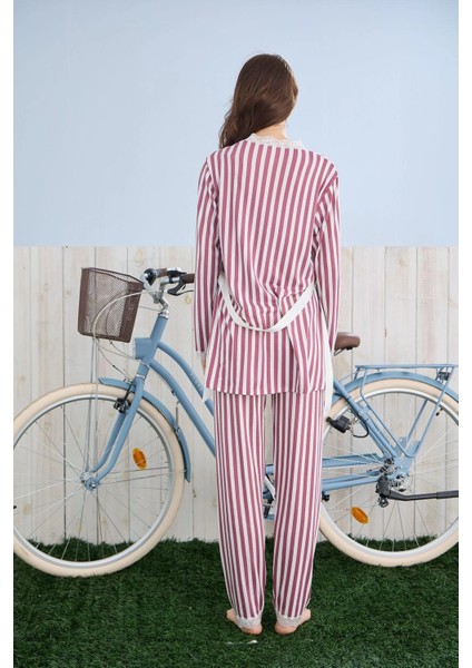 Kadın Ipekli Kumaş Sabahlıklı 3’lü Şık Pijama Takımı - Gül Kurusu fırsatları