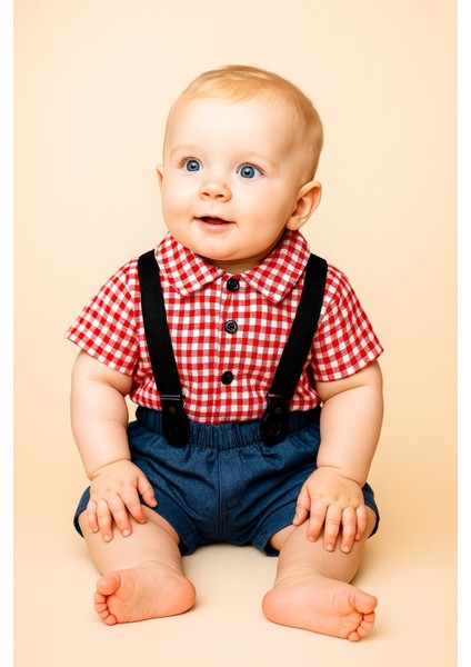 Erkek Bebek Nefes Alan Cilt Dostu Şık Askı Detaylı Gömlek Şort Takım