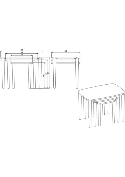 Zentto 3' Lü Zigon Sehpa 70*46 - 52*46 -35*46 cm Meşe