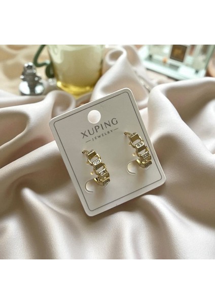 Kadın Çelik Küpe Paslanmaz Çelik Gold Küpe Taşlı Xupıng Jewelry Gold Kaplama Zincir Halka Küpe Kadın Zirkon Taşlı Kararmaz Bağlantı Desenli Huggie Lüks Takı